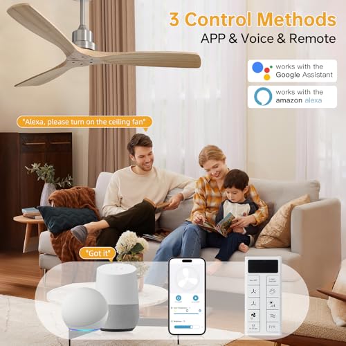 Image of Sofucor Smart Ceiling Fan no Lights, 52 inch Low Profile Ceiling Fans with Remote, Compatible with Alexa /Google /App, 3-Color Light 6-Speed DC Motor Reversible Timer for Bedroom Living Room Patio Outdoor
