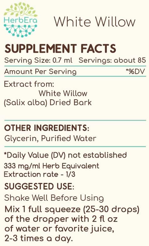 HerbEra White Willow B60 Alcohol-Free Herbal Extract Tincture, Concentrated Liquid Drops Natural White Willow (Salix Alba) Dried Bark 2 fl oz - Image 3