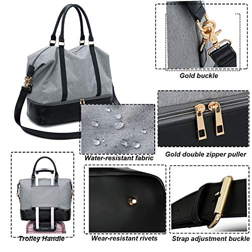 Womens Travel Weekend Bag Canvas Overnight Carry on Shoulder Duffel Beach Tote Bag (Grey with shoe compartment)