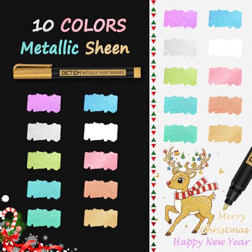 Image of Betem Metallic Paint Markers, 10 Colors Acrylic Metallic Markers for Black Paper, 2mm Medium Tip Glitter Pens Scrapbooking Supplies, Teacher Appreciation Gift, Rock, Photo Albums, Card Making Kit
