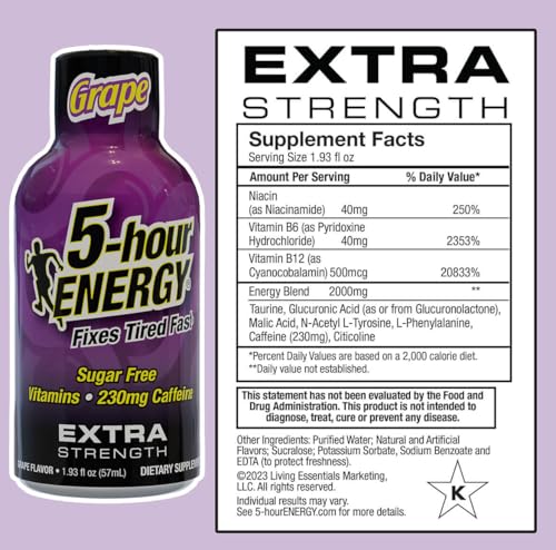 5-hour ENERGY Extra Strength Energy Shot, Grape Flavor, 30 Count, 1.93 oz., Zero Calories & Sugar-Free 230 mg Caffeinated Energy Shot, Amino Acids & B Vitamins, Dietary Supplements