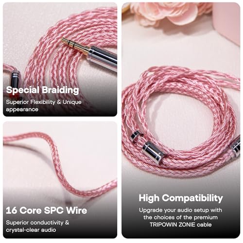 Image of Linsoul Tripowin Zonie 16 Core IEM Cable, Silver Plated Earphone Extention Cable for 7hz Timeless TINHIFI T3 T2 PRO T4 (MMCX, 3.5mm, Pink)