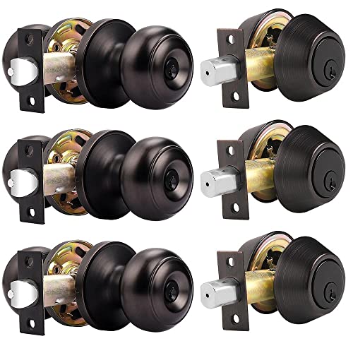 Probrico Entry Door Knob Lock Set and Double Cylinder Deadbolt Combination Set, Oil-Rubbed Bronze (3 Pack) Keyed Alike… Probrico Entry Door Knob Lock Set and Double Cylinder Deadbolt Combination Set, Oil-Rubbed Bronze (3 Pack) Keyed Alike…