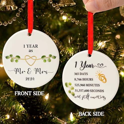 Image of First Wedding Anniversary Ornament 2024 - Handcrafted Round Ceramic Mr. & Mrs. Keepsake - Romantic 1 Year Married Ornament for Couples - First Christmas Married Gift - 2024 Holiday Home Decor