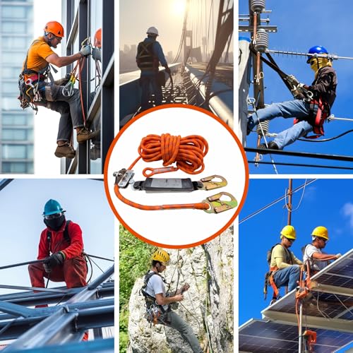 Image of Fall Protection Rope for Roofing Tree Climbing, 25ft Harness Safety Lanyard, Vertical Rope with Grab Snap Hooks Shock Absorber Safety Equipment Orange