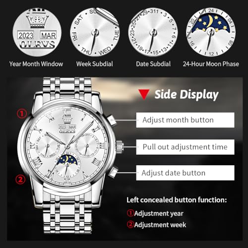Image of OLEVS Mens Automatic Watch Mechanical Self Winding Luxury Business Dress Moon Phase Stainless Steel Calendar Wrist Watches for Men Waterproof Luminous