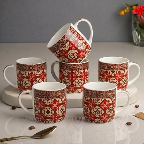 Image of UPC Coffee Mug Set of 6 | Red Mughal Tile Print | Maroon & Golden Floral Medallion Pattern | Bone China Tea & Coffee Cups | Microwave Safe | Home & Kitchen