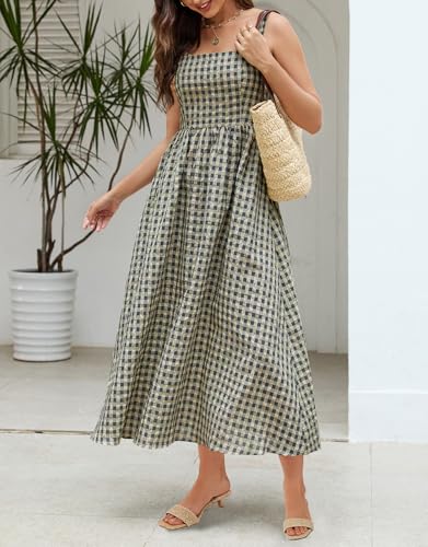 Ladyful Womens Summer Gingham Maxi Dress Spaghetti Strap A-line Checkered Long Dress Square Neck Casual Beach Plaid Sundress3