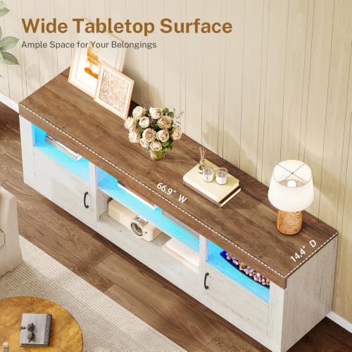 Image of TEENFON TV Stand for 75 inch TV, Entertainment Center with LED Lights & Adjustble Shelves, TV Console, 27.6 inch H Media Console with Open Storage & Side Cabinets, TV Stands for Living Room, Cloud White