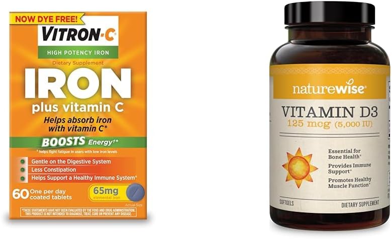 Vitron-CIron Supplement with Vitamin C, 60 Count & NatureWise Vitamin D3 5000iu (125 mcg), 90 Count