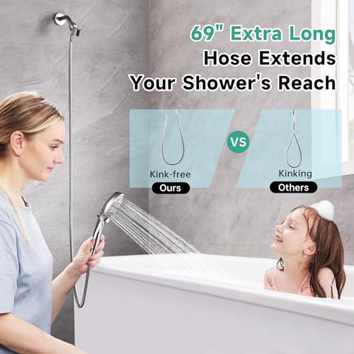 Image of BRIGHT SHOWERS High Pressure Shower Head with Handheld, 9 Spray Settings Showerhead Built in Power Wash to Clean Tub and Pets, Extra Long 69 inch Hose, Adjustable Bracket, Brushed Nickel