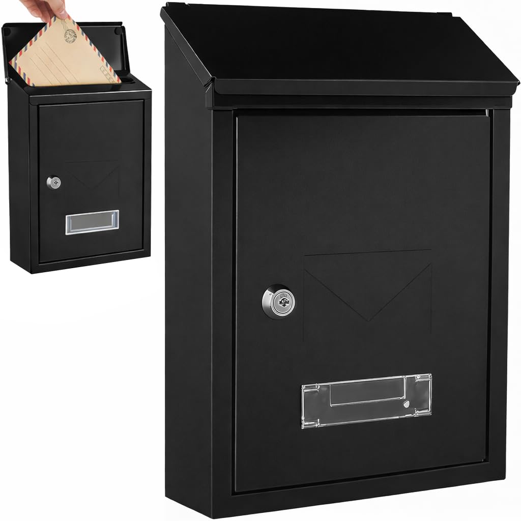 Buzón de Pared Correo con Tapa Antilluvia, Buzón de Exterior de Metálico con Cerradura y Llaves, Buzón Impermeable de Gran Capacidad para Cartas, Fácil de Instalar (30x21.7x7cm, Negro)