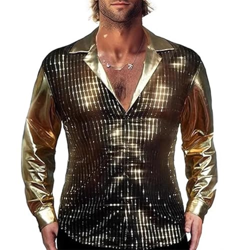YJZQ Chemise à Pailletes doré Manches Longs Hommes Veste de Disco Jazz Hippies Danseurs 1970s Costume pour Thème de Musique Théâtre Cosplay Arabe