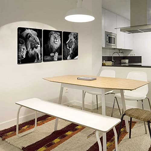 African Animals Black And White Lion Decor Contemporary Canvas Wall Art Decorations For Living Room Office Bedroom Decor(12"X16"X3Pcs Framed) #TOP3