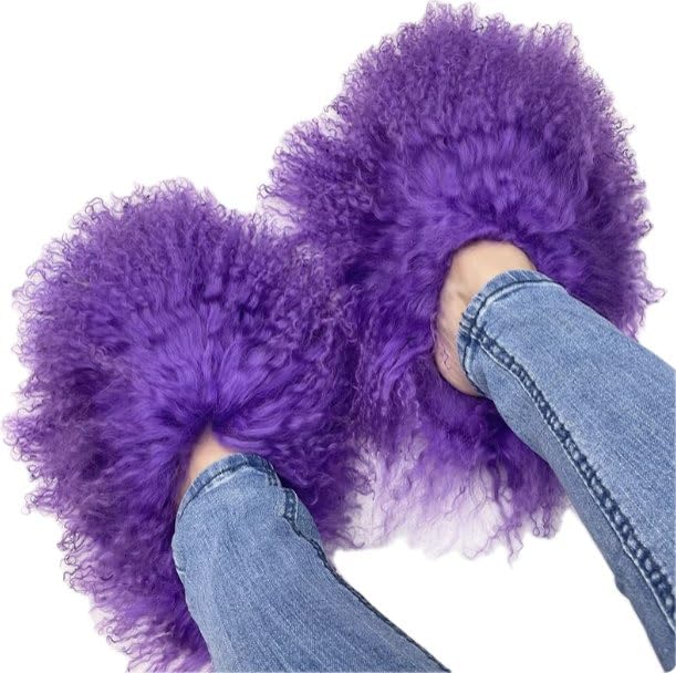 MSS11 Real Mongolian Sheep Fur Slippers Closed Toe For Women Girls Furry Big Fluffy Outdoor Beach Flat Luxury Slides