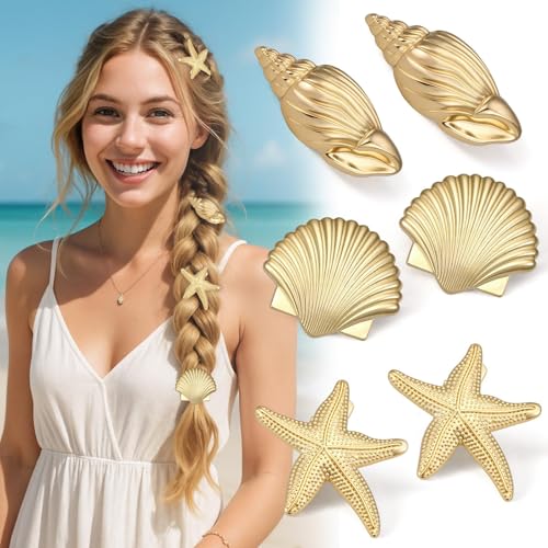 6 PCS Small Metal Hair Clips Gold Starfish Hair Clips for Women Girls Small Alligator Clips for Summer Holiday Seashell Headwear Styling Tools for Mermaid Costume