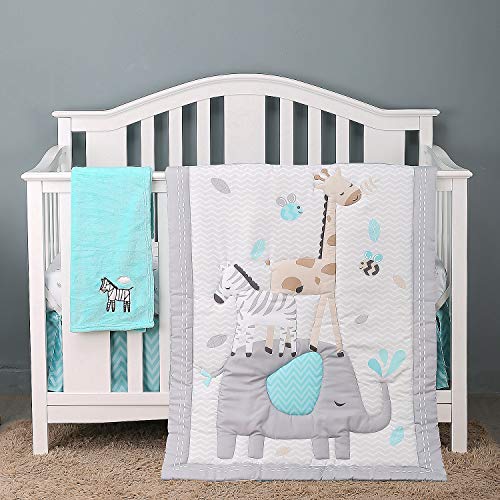 Image of Baevellery Elephant Zebra Crib Bedding Sets for Boys 4Piece Soft Nursery Baby Bedding for Standard Size Grey Blue | Crib Comforter, Crib Sheet, Dust Ruffle,Blanket