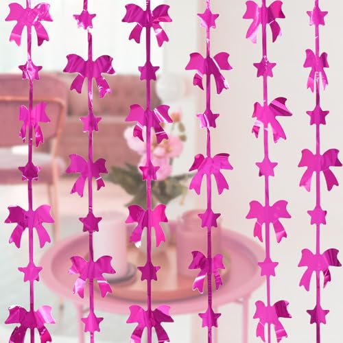 Image of Menstarsi Bow Foil Fringe Curtains, Hot Pink Bow Birthday Backdrop, 2 Pack | Bow Party Decorations, Hot Pink Birthday Party Supplies Bow Photo Booth Props Backdrop for Girls Bachelorette Party Decor
