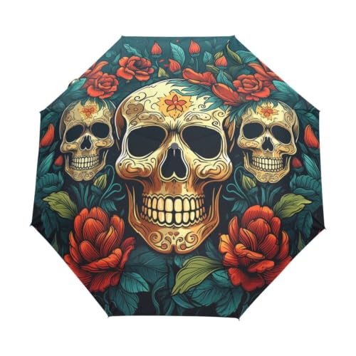 Parapluie automatique protection UV léger avec motif feuilles roses et crânes