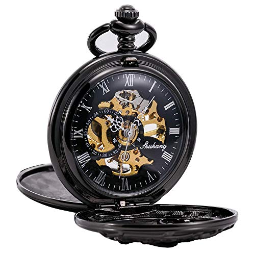 Q.AWXI Antique Mechanical Pocket Watch Lucky Dragon Hollow Case Double Hunter Skeleton Dial with Chain + Gift Box