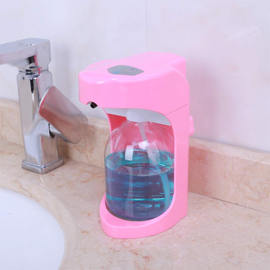 Automatyczny dozownik mydła - bezdotykowy czujnik podczerwieni zasilanie bateryjne elektryczny automatyczny dozownik mydła piana dozownik mydła do łazienki, Kithcen i hotelu 500 ml, różowy