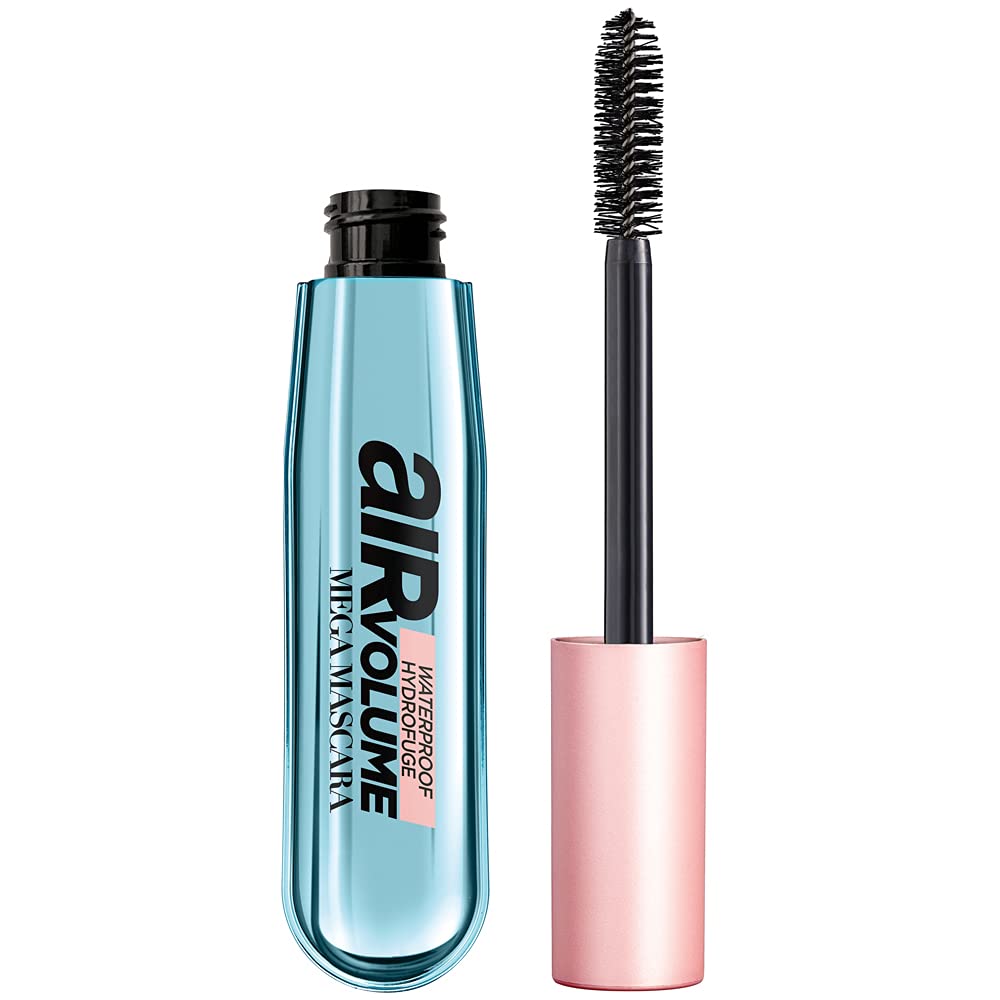 L'Oreal Paris Makeup Air Volume Mega Mascara, Lightweight & Long-lasting Volumizing Mascara for Voluminous Eyelashes, Waterproof Blackest Black, 0.3 Fl Oz
