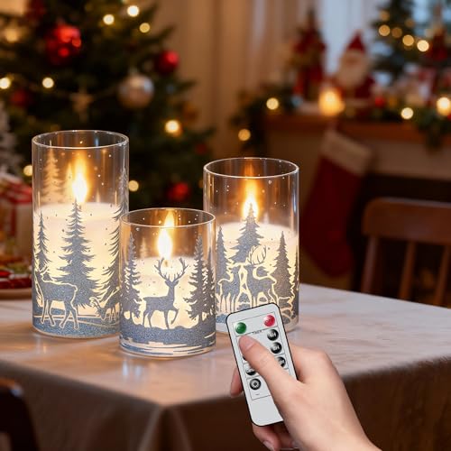 Image of Christmas Flameless Candles with Silver Reindeer Decals, 3 Pack LED Glass Battery Operated Candles with Remote Timer, Pillar Candles with Deer and Tree Pattern for Christmas Winter Decor
