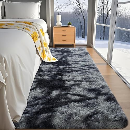 Fosirug 2x6 Machine Washable Runner Rug for Hallway, Tie-Dyed Black & Grey Soft Fluffy Shaggy Bedside Carpet, Indoor Floor Rugs for Kids Boys and Girls, Nursery,Home Decor Aesthetic