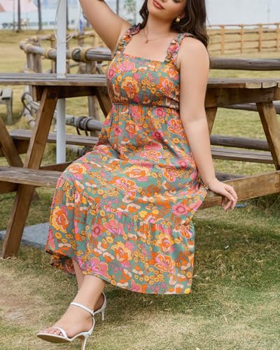 Image of Plus Size Summer Dress - Sun Boho Beach Casual Floral Spaghetti Strap Sleeveless Long Maxi Dresses