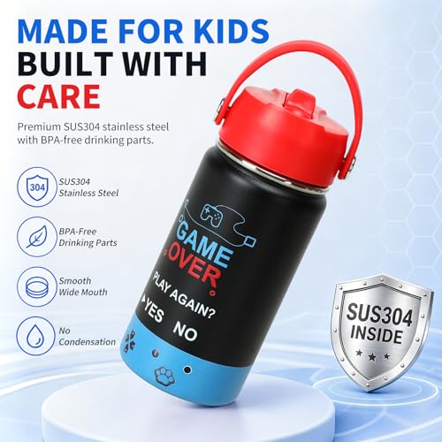Image of Kids Insulated Water Bottle with Straw Lid, 14oz Double Wall Vacuum Stainless Steel Tumbler, Leak Proof Reusable Metal School Cup for Boys Girls, Keep Cold 24H Hot 12H (Blue-Red-GAME(Pack 2))