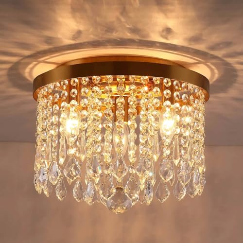 Image of 3-Lights Brass Finish Crystal Ceiling Light Chandelier Jhoomar Pendant Lamp Jhumar Lighting for Home & Living Room (13 Inch, Glass & Metal)