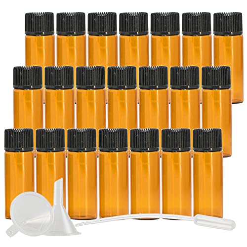 DLIBUY 50 Pack Mini 5ml Empty Amber Glass Vials Essential Oil Bottles with Orifice Reducer Black Cap for Essential Oils Lab Chemicals Cosmetic Colognes Perfume Aromatherapy Sample Bottles
