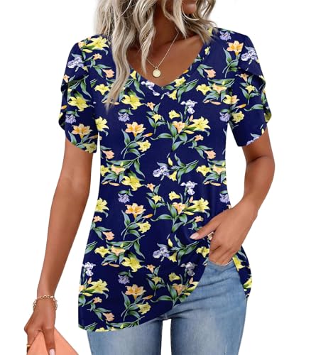 Image of CATHY 2026 Women Tops Summer Short Sleeve Tunic V Neck T-Shirts Loose Casual Floral Blouse S-4XL