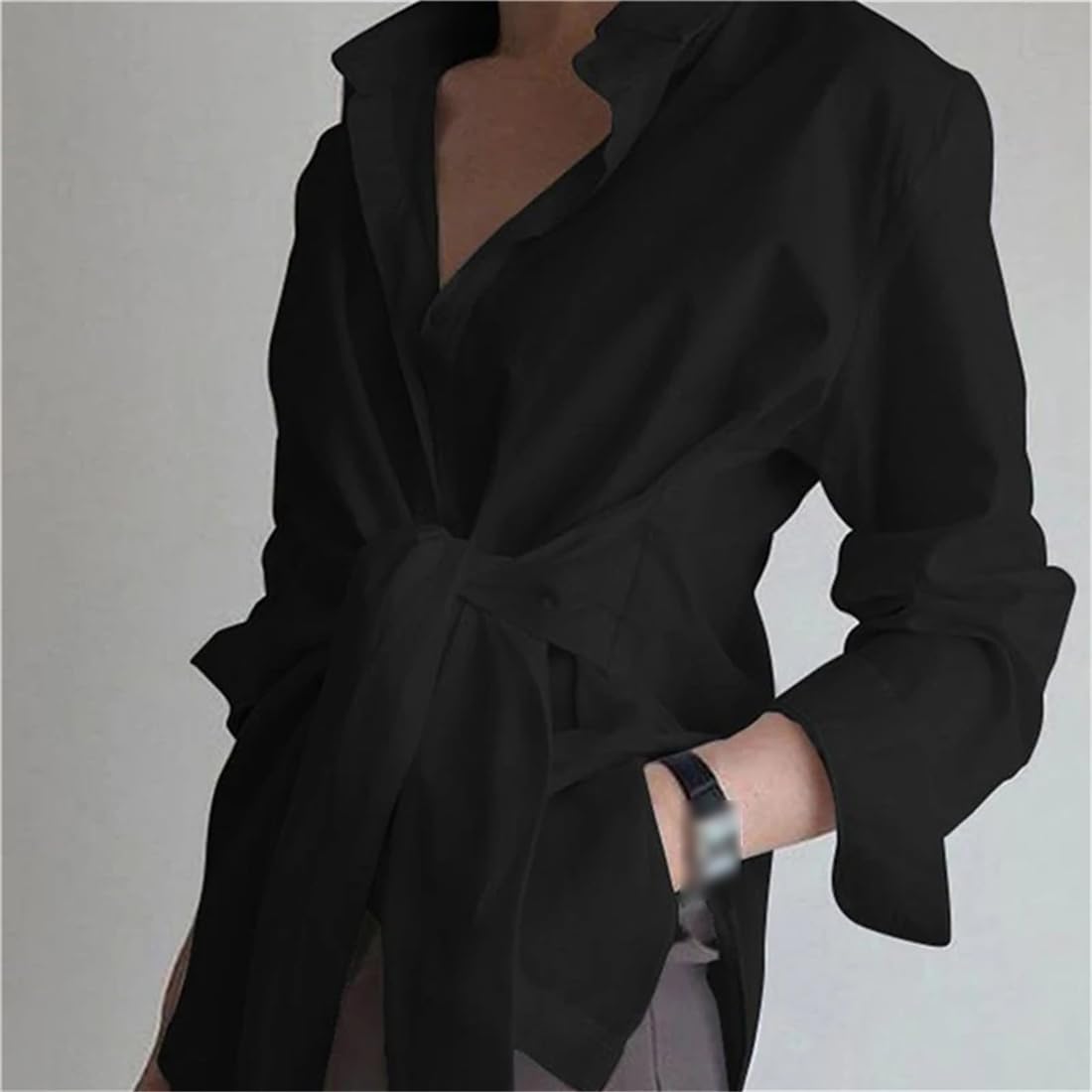 Blusa Asimétrica con Cordones para Mujer, Blusa Informal De Manga Larga con Botones, Túnica De Trabajo De Talla Grande