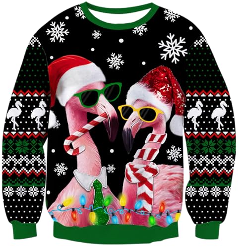 TUONROAD Herren Damen Weihnachtspullover Flamingo 3D Druck Ugly Christmas Sweater Weihnachtspulli Paar Langarm Rundhals Xmas Sweatshirt L
