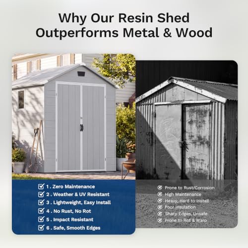 Image of Devoko 6X6 FT Plastic Outdoor Storage Shed with Floor, Light Grey | Resin Tool Sheds with Lockable Door and Window, Weather-Resistant Garden Shed, Easy Assembly for Backyard, Patio, Lawn