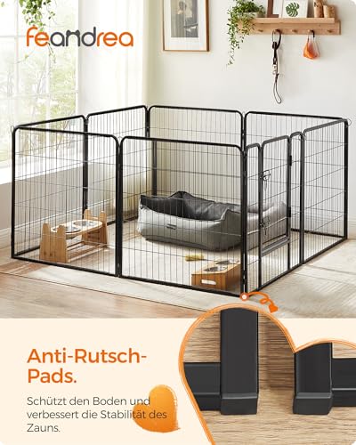 Feandrea Freilaufgehege, Laufstall DIY, mit 8 Gitterplatten je 77 x 80 cm, 2 L-förmige Riegel, transportabel, für innen und außen, extra große Haustiere ohne Halsband, schwarz PPK88H