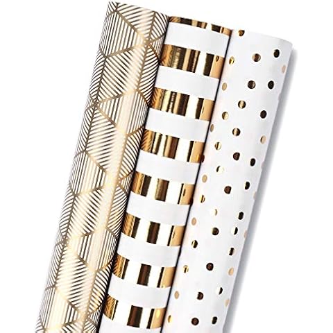 MAYPLUSS Birthday Wrapping Paper Roll - Mini Roll - 17 inch x 120 inch Per roll - White & Gold Foil Design (42.3 sq.ft.ttl) Cover