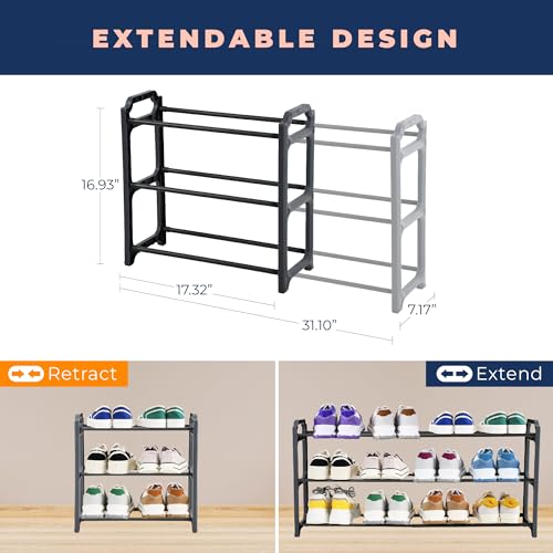 Image of Happhom 3-Tier Expandable Shoe Organizer - Space Saver Shoe Shelf with Smart Design for Closet, Entryway and Small Spaces, Dark Grey (CSR-01)