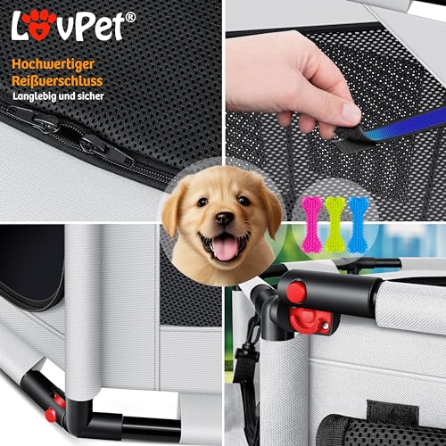 LOVPET® Welpenlaufstall drinnen draußen Welpenauslauf Hunde-Käfig Oxford-Gewebe Tier-Laufstall Kleintier Katzen Freigehege Rahmen PVC-Rohr mit Tasche, 3X Kauknochen & 10 Pad, M 72x72x43cm, Grau