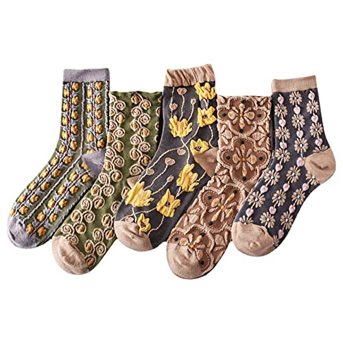 Image of 5 Pack Cute Womens Floral Socks, Vintage Embroidered Frilly Floral Ankle Cotton Cottagecore Socks