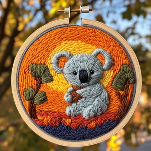 Image of DIY Punch Needle Kits Cute Cartoon Koala with Sunset with Hoop 20x20cm-9 | with Pattern Stamped Easy for Beginners Embroidery Punch Needle Starter Craft Set for Adults Festival Gift and Decoration