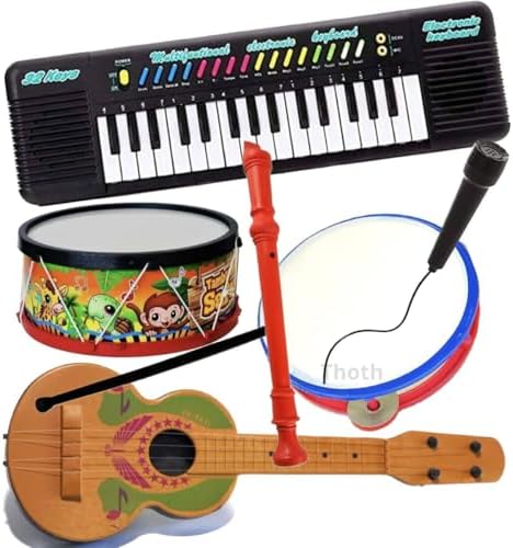 Kit Teclado Infantil Tambor Violão 7 Brinquedos Microfone