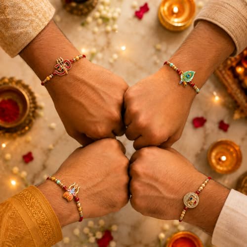 Image of Frostick Men's Rakhi Gift Set - 4 Designer Rakhis, 1 Celebrations Chocolates Pack, Roli Chawal, Greeting Card | Perfect Raksha Bandhan Chocolate Combo for Brother