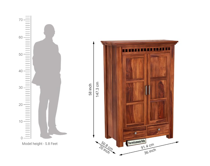 Image of Sheesham Wood Wardrobe with 2 Drawer and 2 Shelves Storage for Bedroom Wooden Almirah for Clothes for Living Room Bedroom Home, Solid Wood Furniture (Honey Brown)
