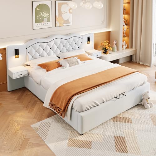 letto matrimoniale,letto matrimoniale imbottito,con USB e 2 Lampade da Comodino, Struttura del Letto Idraulico con Contenitore e Rete a Doghe, Testata con 2 cassetti (Bianco, 180cm×200cm)