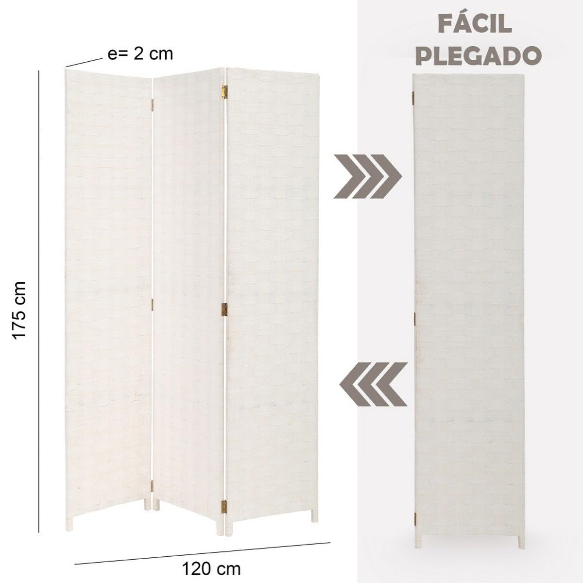LOLAhome - Biombo de 3 Paneles Plegable, Panel Divisor de Espacios de Madera y Papel Trenzado, Separador de Ambientes para Dormitorio, Salón, Oficina Blanco 120x175 cm