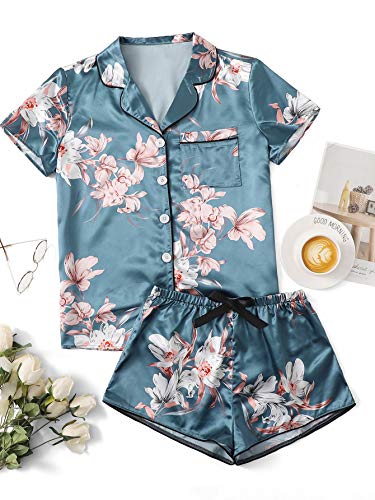Image of WDIRARA Women's Sleepwear Satin Short Sleeve Shirt and Shorts Pajama Set Floral Blue XS
