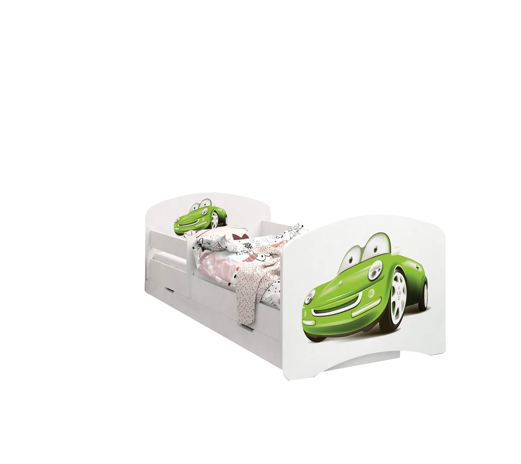 Happy Babies - Dwustronne łóżko dziecięce z szufladą, nowoczesny design z bezpiecznymi krawędziami i zabezpieczeniem przed upadkiem, materac piankowy 7 cm. (140 x 70, 67. zielony samochód)