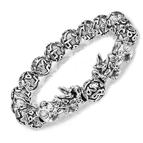 ZenBless Fengshui Prosperity Bracelet 12mm Natural Bead Bracelet Single Silver Pi Xiu/Pi Yao Attract Wealth Health and Good Luck